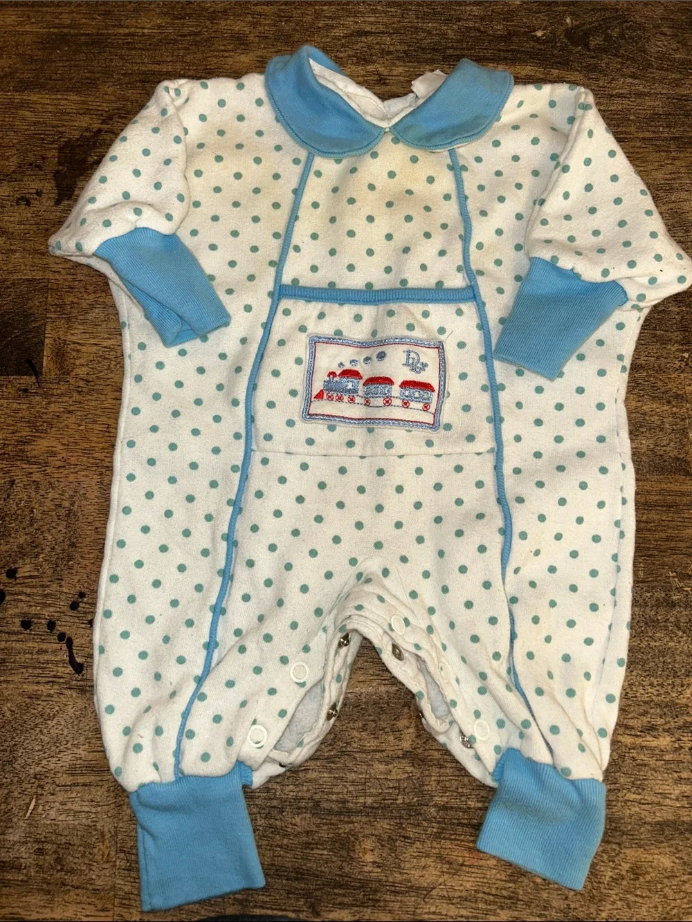 #73Blue Polka Dot Baby Footie One-Piece with Collar
